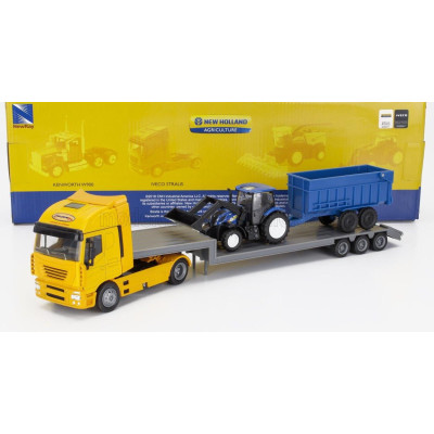 NEWRAY IVECO FIAT STRALIS 540 TRUCK PIANALE 2009 WITH NEW HOLLAND T6.175 TRACTOR + TRAILER - YELLOW BLUE BLACK 1/43