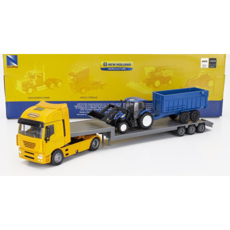 NEWRAY IVECO FIAT STRALIS 540 TRUCK PIANALE 2009 WITH NEW HOLLAND T6.175 TRACTOR + TRAILER - YELLOW BLUE BLACK 1/43