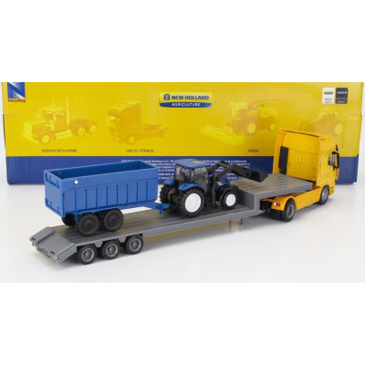 NEWRAY IVECO FIAT STRALIS 540 TRUCK PIANALE 2009 WITH NEW HOLLAND T6.175 TRACTOR + TRAILER - YELLOW BLUE BLACK 1/43