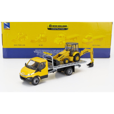 NEWRAY IVECO FIAT DAILY ROLL-OFF PIANALE 2023 WITH ACCESSORIES + NEW HOLLAND B110C RUSPA GOMMATA - SCRAPER TRACTOR - YELLOW BLAC