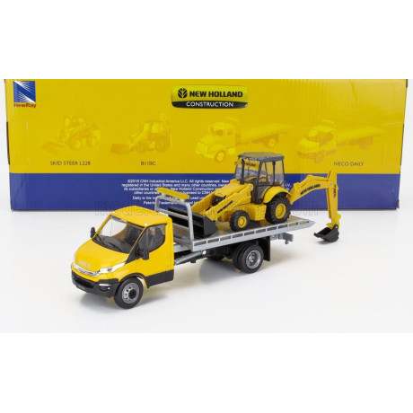 NEWRAY IVECO FIAT DAILY ROLL-OFF PIANALE 2023 WITH ACCESSORIES + NEW HOLLAND B110C RUSPA GOMMATA - SCRAPER TRACTOR - YELLOW BLAC