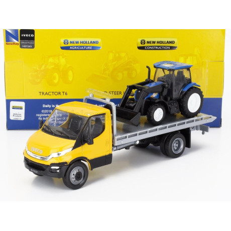 NEWRAY IVECO FIAT DAILY ROLL-OFF PIANALE 2023 WITH NEW HOLLAND T6.175 TRACTOR - YELLOW BLUE BLACK 1/36