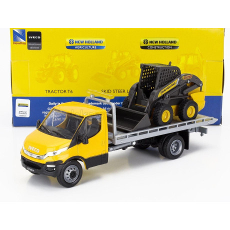 NEWRAY IVECO FIAT DAILY ROLL-OFF PIANALE 2023 WITH NEW HOLLAND L228 RUSPA GOMMATA - SKID STEER SCRAPER TRACTOR - YELLOW BLACK 1/