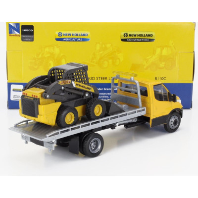 NEWRAY IVECO FIAT DAILY ROLL-OFF PIANALE 2023 WITH NEW HOLLAND L228 RUSPA GOMMATA - SKID STEER SCRAPER TRACTOR - YELLOW BLACK 1/