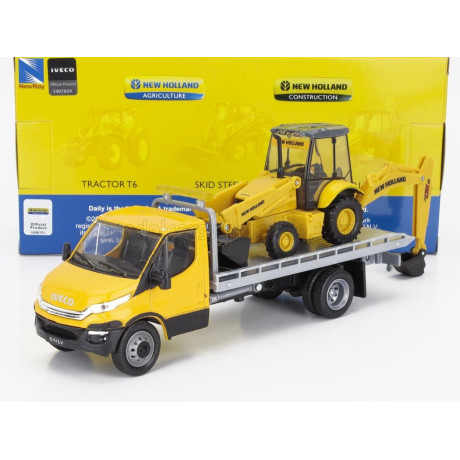 NEWRAY IVECO FIAT DAILY ROLL-OFF PIANALE 2023 WITH NEW HOLLAND B110C RUSPA GOMMATA - SCRAPER TRACTOR - YELLOW BLACK 1/36