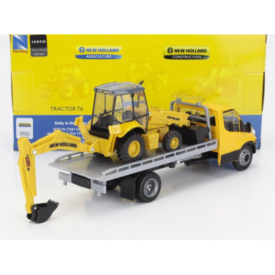 NEWRAY IVECO FIAT DAILY ROLL-OFF PIANALE 2023 WITH NEW HOLLAND B110C RUSPA GOMMATA - SCRAPER TRACTOR - YELLOW BLACK 1/36