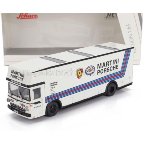 SCHUCO MERCEDES BENZ O317 TRUCK CAR TRANSPORTER PORSCHE MARTINI RACING 1968 - WHITE BLUE 1/64
