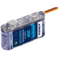 25F/6-12V/max. 25A szűrő szuperkondenzátor RC modellek fedélzeti elektronikájának tápfeszültségének szűrésére. A rendkívül nagy kapacitású kondenzátor lehetővé teszi a rövid távú fogyasztási csúcsok kiegyenlítését, amelyek egyébként a vevőegység tápfeszültségének csökkenését okoznák. Méretek 66x33x19 mm, súly 38g.