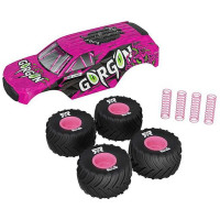 Alkatrészkészlet az Arrma Gorogon GROM távirányítós autómodellhez rózsaszín színben. Tartalmazza az összes szükséges alkatrészt a modell új színsémára való frissítéséhez. A csomag tartalmaz egy karosszériát, 4 db rózsaszín rugót, rózsaszín kerekeket gumiabroncsokkal.