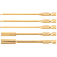 5 darabos elektromos csavarhúzó bitkészlet, kemény acélból, titán felületkezeléssel. Tartalmaz 1,5 mm-es, 2,0 mm-es, 2,5 mm-es, 5,5 mm-es és 7,0 mm-es biteket 6,35 mm-es imbusz adapterhez.