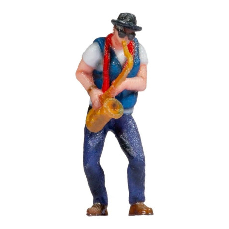 Részletesen kidolgozott NOCH szaxofonos figura H0 méretarányban (1:87), színes 3D nyomtatással készült. Álló figura autentikus j