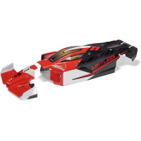 Arrma 1:7 Limitless RC modellautó alkatrész: piros/fekete polikarbonát karosszéria. Tartalmazza az első légterelőt is.