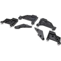 Axial SCX10 III HP RC modell autó alkatrész: lengéscsillapító tornyok és Panhard felfogatások, elöl/hátul. Több rögzítőfurattal rendelkezik a lengéscsillapítók szögének beállításához.