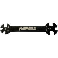 Többfunkciós, nyitott acél laposkulcs hatszögletű fejekhez 3/4/5/5,5/7/8 mm, fekete felülettel és H-speed logóval. Hossz 120 mm.