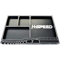 H-Speed alumínium tál kis alkatrészekhez, 16 x 10 cm méretekkel. Ideális eszköz alkatrészek, rögzítőelemek rendszerezéséhez, megakadályozza az alkatrészek elvesztését. 4 különböző méretű rekeszt tartalmaz, 50 mm-es tengelymérővel, Deans és XT60 csatlakozótartókkal (forrasztáshoz alkalmas), 2-5 mm-es furatokkal és félkör alakú kivágásokkal klasszikus csatlakozókhoz, tengelyekhez stb.