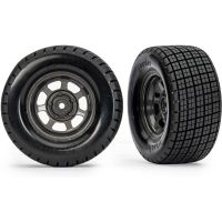 Komplett kerekek (2WD hátul, 4WD) Traxxas Slash Mudboss RC autóhoz. Ovális, grafitszürke, dirt tárcsa, 2.2/3.0", ragasztott Hoosier gumival és habszivacs betéttel. 12 mm-es hatszögletű meghajtókerék.