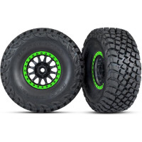 Komplett univerzális kerekek Traxxas Unlimited Desert Racerhez. Method Racing kerekek fekete kivitelben, zöld felnikkel és Baja KR3 gumiabroncsokkal (2 db egy csomagban). Tárcsaméret 60/82x40 mm. Teljes méret 135x56 mm. A meghajtó egy 17 mm-es hatszögletű kerék barázdákkal és 25 mm-es eltolással.