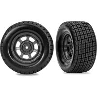 Komplett kerekek (2WD hátul, 4WD) Traxxas Slash Mudboss RC autóhoz. 2.2/3.0"-as, ovális, szürke tárcsa, ragasztott Hoosier gumival és prémium, nagy sűrűségű, öntött habbetéttel. 12 mm-es hatszögletű meghajtókerék.