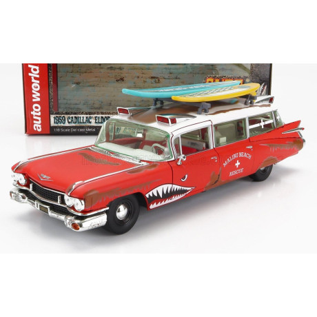AUTOWORLD CADILLAC ELDORADO AMBULANCE WITH SHARK GRAPHICS AN SURFBOARDS 1959 - RED WHITE 1/18
