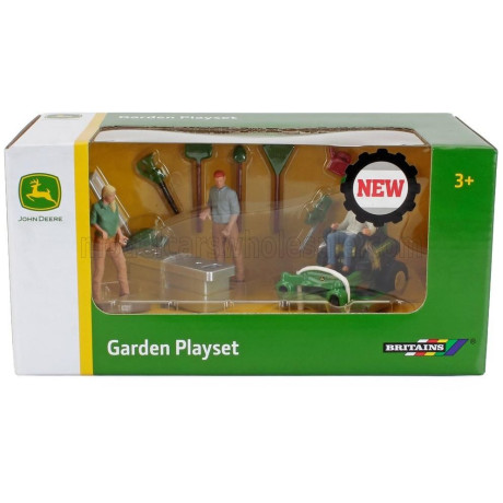 BRITAINS JOHN DEERE SET GARDEN PLAYSET WITH FIGURES - GREEN 1/32