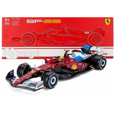 BURAGO FERRARI WITH SHOWCASE - F1  SF-25 TEAM SCUDERIA FERRARI HP N 44 MIAMI GP 2025 LEWIS HAMILTON - RED WHITE BLUE 1/18