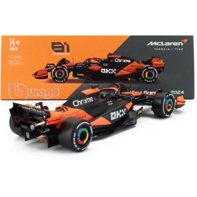 BURAGO McLAREN F1  MCL38 TEAM MCLAREN N 81 MIAMI GP 2024 OSCAR PIASTRI - WITH PILOT AND SHOWCASE - ORANGE BLACK 1/24