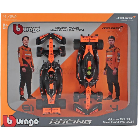 BURAGO McLAREN SET F1  2X MCL38 TEAM MCLAREN N 4 SEASON 2024 LANDO NORRIS + N 81 OSCAR PIASTRI - WITH PILOT - ORANGE BLACK 1/24
