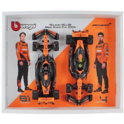 BURAGO McLAREN SET F1  2X MCL38 TEAM MCLAREN N 4 SEASON 2024 LANDO NORRIS + N 81 OSCAR PIASTRI - WITH PILOT - ORANGE BLACK 1/24
