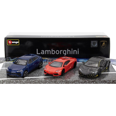 BURAGO LAMBORGHINI SET 3X URUS 2018 + AVENTADOR 2018 + CENTENARIO LP770-4 2016 - GREY RED BLUE 1/43