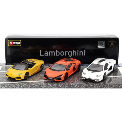 BURAGO LAMBORGHINI SET 3X REVUELTO HYBRID 2023 - AVENTADOR ROADSTER 2018 - COUNTACH LPi 800-4 2021 - ORANGE YELLOW WHITE 1/43