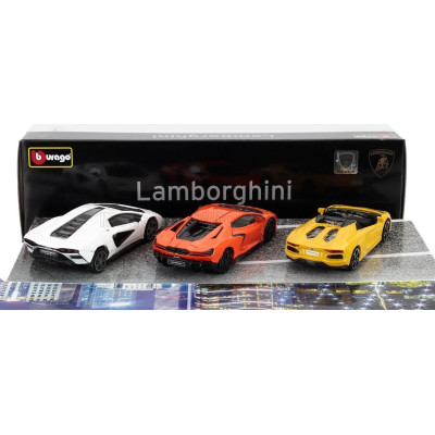 BURAGO LAMBORGHINI SET 3X REVUELTO HYBRID 2023 - AVENTADOR ROADSTER 2018 - COUNTACH LPi 800-4 2021 - ORANGE YELLOW WHITE 1/43
