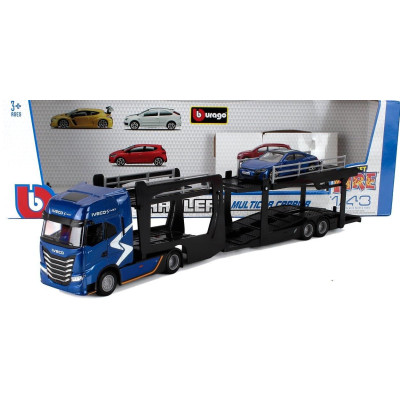 BURAGO IVECO FIAT S-WAY 570 TRUCK CAR TRANSPORTER WITH AUDI E-TRON GT 2021 - BLUE 1/43