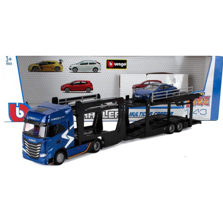 BURAGO IVECO FIAT S-WAY 570 TRUCK CAR TRANSPORTER WITH AUDI E-TRON GT 2021 - BLUE 1/43