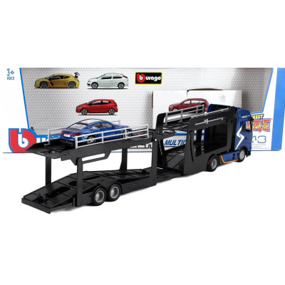 BURAGO IVECO FIAT S-WAY 570 TRUCK CAR TRANSPORTER WITH AUDI E-TRON GT 2021 - BLUE 1/43
