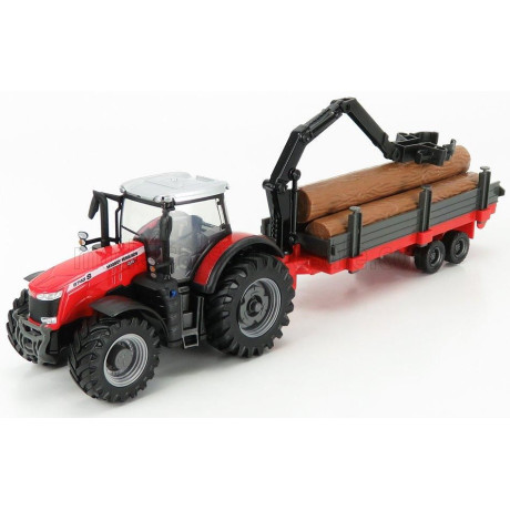 BURAGO MASSEY FERGUSON 8740S TRACTOR + TREE FORWARDER AND WOOD - RED SILVER 1/50