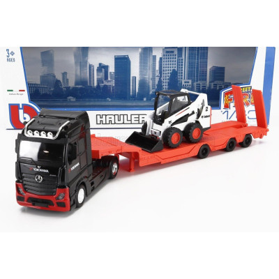 BURAGO MERCEDES BENZ ACTROS 2 GIGASPACE TRUCK PIANALE TRASPORTO BOBCAT RUSPA GOMMATA FRONT LOADER SCRAPER 2016 - BLACK ORANGE 1/