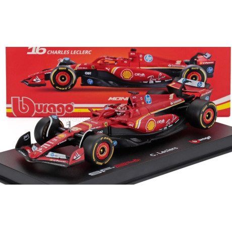 BURAGO FERRARI F1  SF-24 TEAM SCUDERIA FERRARI N 16 WINNER MONACO GP 2024 CHARLES LECLERC - WITH PILOT AND SHOWCASE - RED BLACK