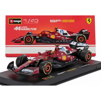 BURAGO FERRARI F1  SF-25 TEAM SCUDERIA FERRARI HP N 44 SEASON 2025 LEWIS HAMILTON - WITH PILOT AND SHOWCASE - RED 1/43