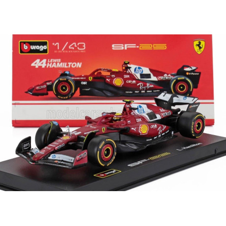 BURAGO FERRARI F1  SF-25 TEAM SCUDERIA FERRARI HP N 44 SEASON 2025 LEWIS HAMILTON - WITH PILOT AND SHOWCASE - RED 1/43