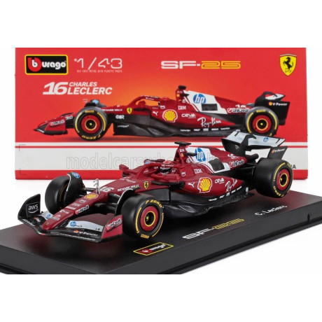 BURAGO FERRARI F1  SF-25 TEAM SCUDERIA FERRARI HP N 16 SEASON 2025 CHARLES LECLERC - WITH PILOT AND SHOWCASE - RED 1/43