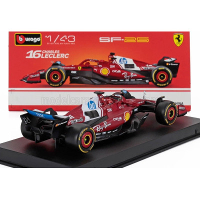 BURAGO FERRARI F1  SF-25 TEAM SCUDERIA FERRARI HP N 16 SEASON 2025 CHARLES LECLERC - WITH PILOT AND SHOWCASE - RED 1/43