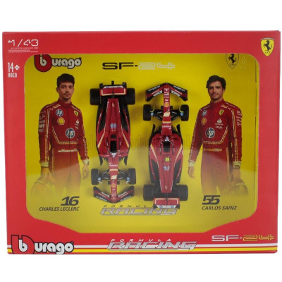 BURAGO FERRARI SET F1  2X SF-24 TEAM SCUDERIA FERRARI N 16 SEASON 2024 CHARLES LECLERC + N 55 CARLOS SAINZ - RED BLACK 1/43