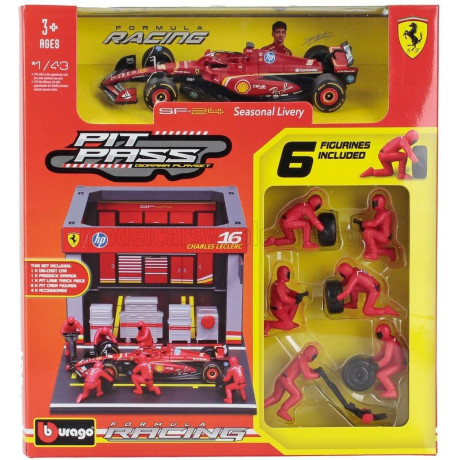 BURAGO FERRARI F1  SF-24 DIORAMA GARAGE PIT-STOP TEAM SCUDERIA FERRARI N 16 SEASON 2024 CHARLES LECLERC WITH CREW FIGURE AND ACC