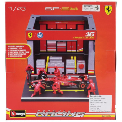 BURAGO FERRARI F1  SF-24 DIORAMA GARAGE PIT-STOP TEAM SCUDERIA FERRARI N 16 SEASON 2024 CHARLES LECLERC WITH CREW FIGURE AND ACC