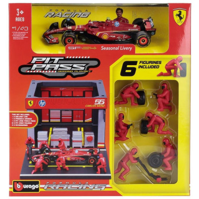 BURAGO FERRARI F1  SF-24 DIORAMA GARAGE PIT-STOP TEAM SCUDERIA FERRARI N 55 SEASON 2024 CARLOS SAINZ WITH CREW FIGURE AND ACCESS