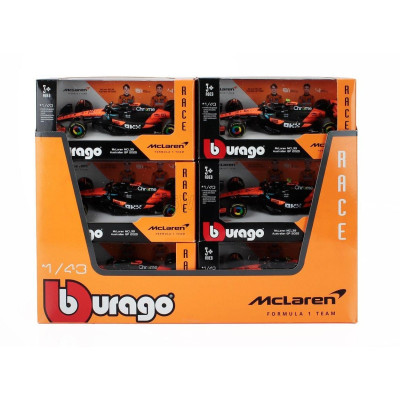 BURAGO McLAREN F1 - SET 12X - ESPOSITORE - DISPLAY STAND - MCL39 TEAM MCLAREN N 4 WORLD CHAMPION SEASON 2025 LANDO NORRIS + N 81