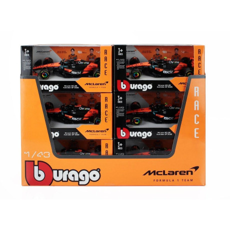 BURAGO McLAREN F1 - SET 12X - ESPOSITORE - DISPLAY STAND - MCL39 TEAM MCLAREN N 4 WORLD CHAMPION SEASON 2025 LANDO NORRIS + N 81