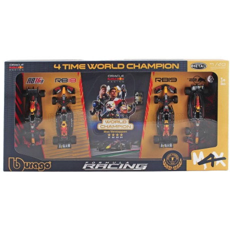 BURAGO RED BULL SET F1  4X - 4 TIME WORLD CHAMPION - RB16B N 33 SEASON 2021 - RB18 N 1 SEASON 2022 - RB19 N 1 SEASON 2023 - RB20