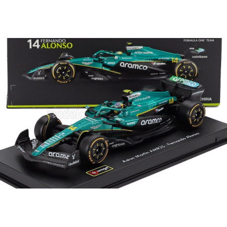 BURAGO ASTON MARTIN F1  AMR25 TEAM ARAMCO COGNIZANT N 14 SEASON 2025 FERNANDO ALONSO - WITH PILOT AND SHOWCASE - GREEN BLACK 1/4