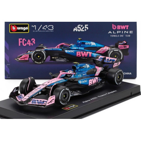 BURAGO ALPINE F1  A525 TEAM BWT ALPINE N 43 SEASON 2025 FRANCO COLAPINTO - WITH PILOT AND SHOWCASE - BLACK BLUE PINK 1/43